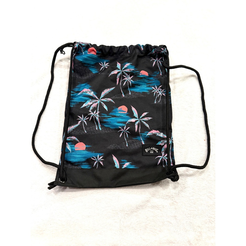 Billabong Drawstring Cinch Bag Black Tropical Palm Tree Sunset Sackpack Backpack
